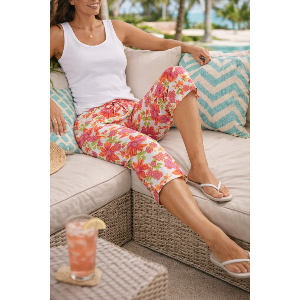 Cappagallo Women PL Petite L Capri Pull-on Pants Cotton Blend Pink Floral Print